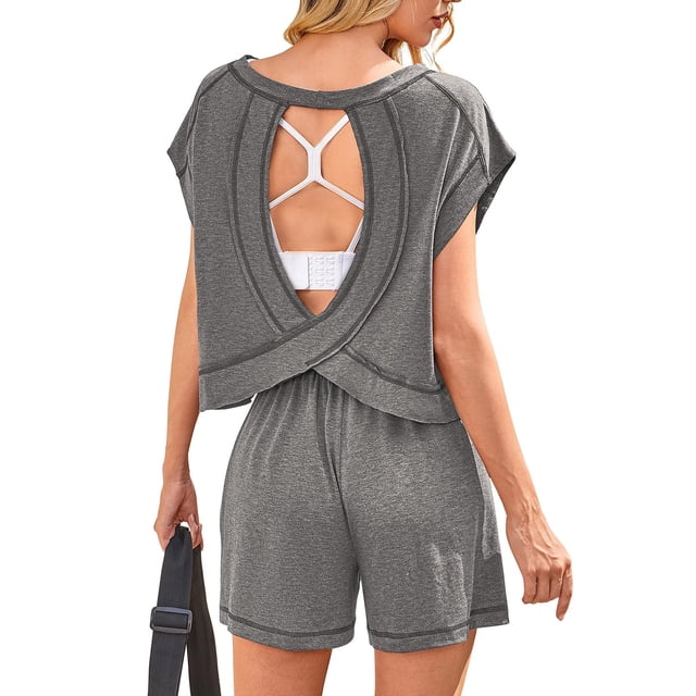 Mgmyaa Womens 2 Piece Outfits Open Back Crewneck Cap Sleeve Tunic Top Drawstring Short Sets Lounge Athletic Matching Set