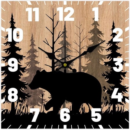12inch Bear Wooden Wall Clock Silent Non-Ticking Clock Wooden Forest Wildlife Wall Clock Battery Operated Rustic Farmhouse Wall Clock for Home Decor Living Room Kitchen Office
