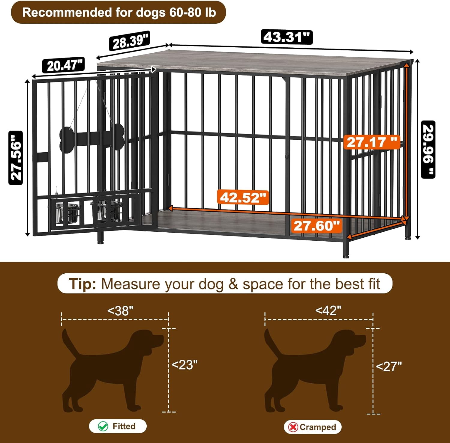 POAO 43"Dog Crate Furniture Foldable, No Assembly Dog Kennel Indoor for Large Dogs (60-80 lbs), Dog Cage with Adjustable Bowls &Name Tag,End Table