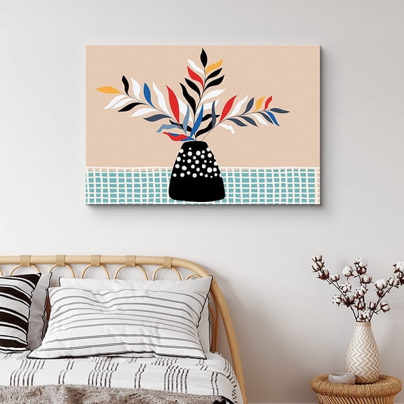 PixonSign Canvas Print Wall Art Long White, Black, Blue Leaves in Vase Floral Wilderness Digital Art Modern Art Chic Group Relax/Calm Multicolor Ultra for Living Room, Bedroom, Office - 12"x18"