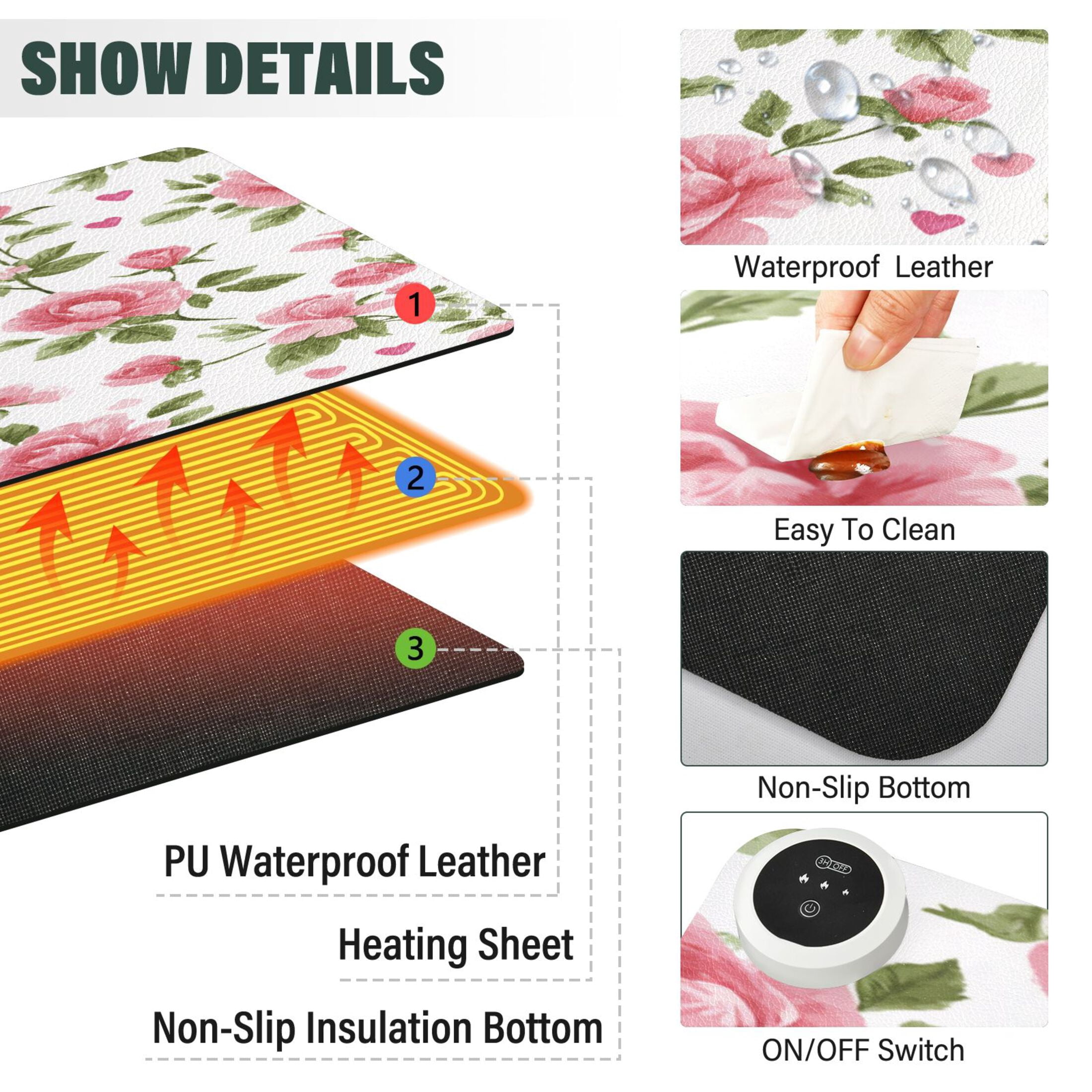 Large Heated Desk Mat Mouse Pad 31.5"x13"PU Leather Graphene Heating Desk Warmer with 3 Temperature Settings 110V US Plug Non-Slip Warm Pad for Home, Office, and Gaming Floral Rose Seamless Print