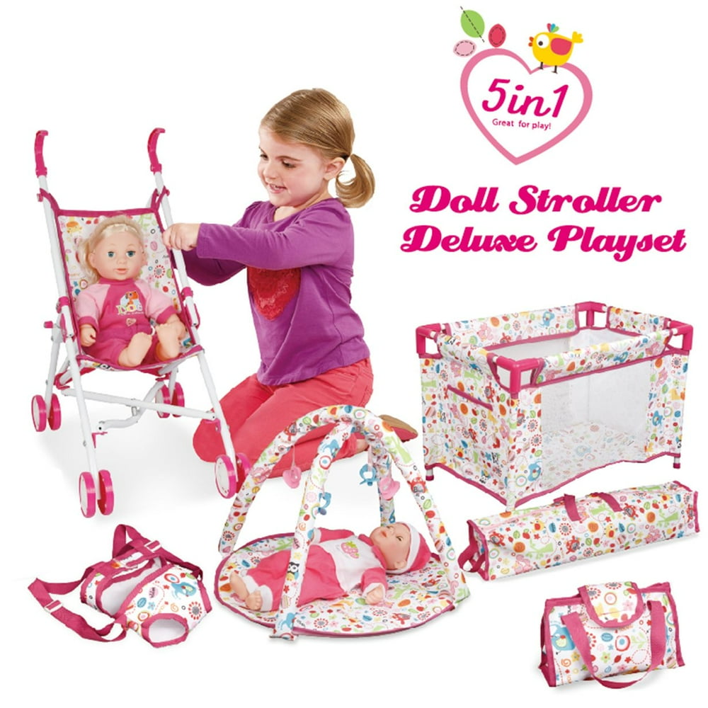 Liberty Imports 5-in-1 Deluxe Newborn Baby Doll Stroller Nursery Playset with Play Mat, Playard