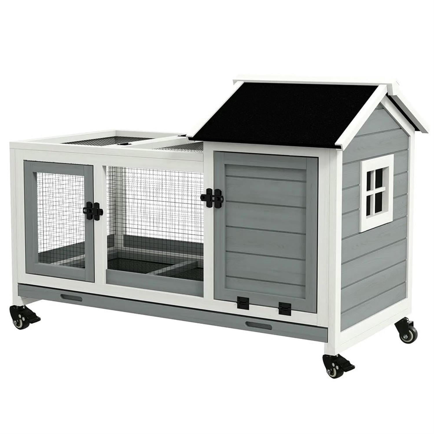 Kadyn 42.5" Wooden Rabbit Hutch with Wheels and Slide-out Tray, Outdoor Small Animal Habitat Enclosure Bunny Cage for Bunnies, Guinea Pigs, Gray