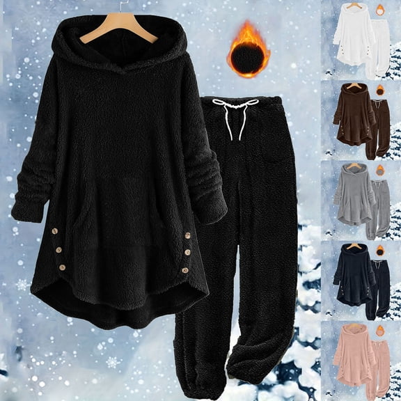 Lovzfmll 2 Piece Sets for Women, Plush Hoodie and Pants Set, Winter Warm Fleece Loungewear Matching Sets Clothing Women