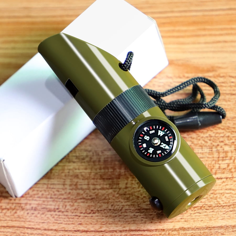 Survival signal whistle 7 in 1, bayonet design, simple operation, emergency compass, magnifying glass, flashlight, thermometer.