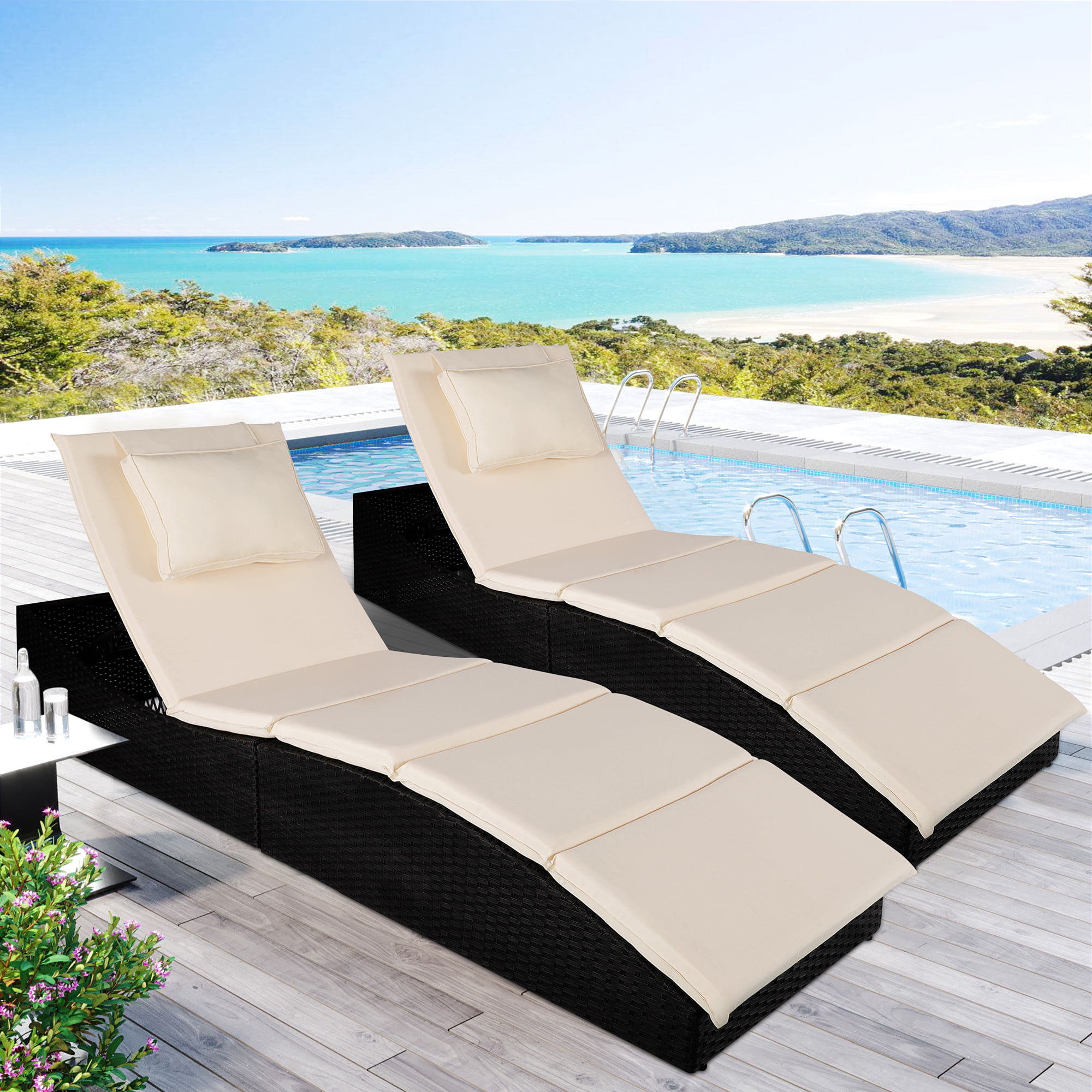 Rattan Chaise Wicker Lounge Folding Pool Patio Sofa Chair Cushioned Outdoor NEW 