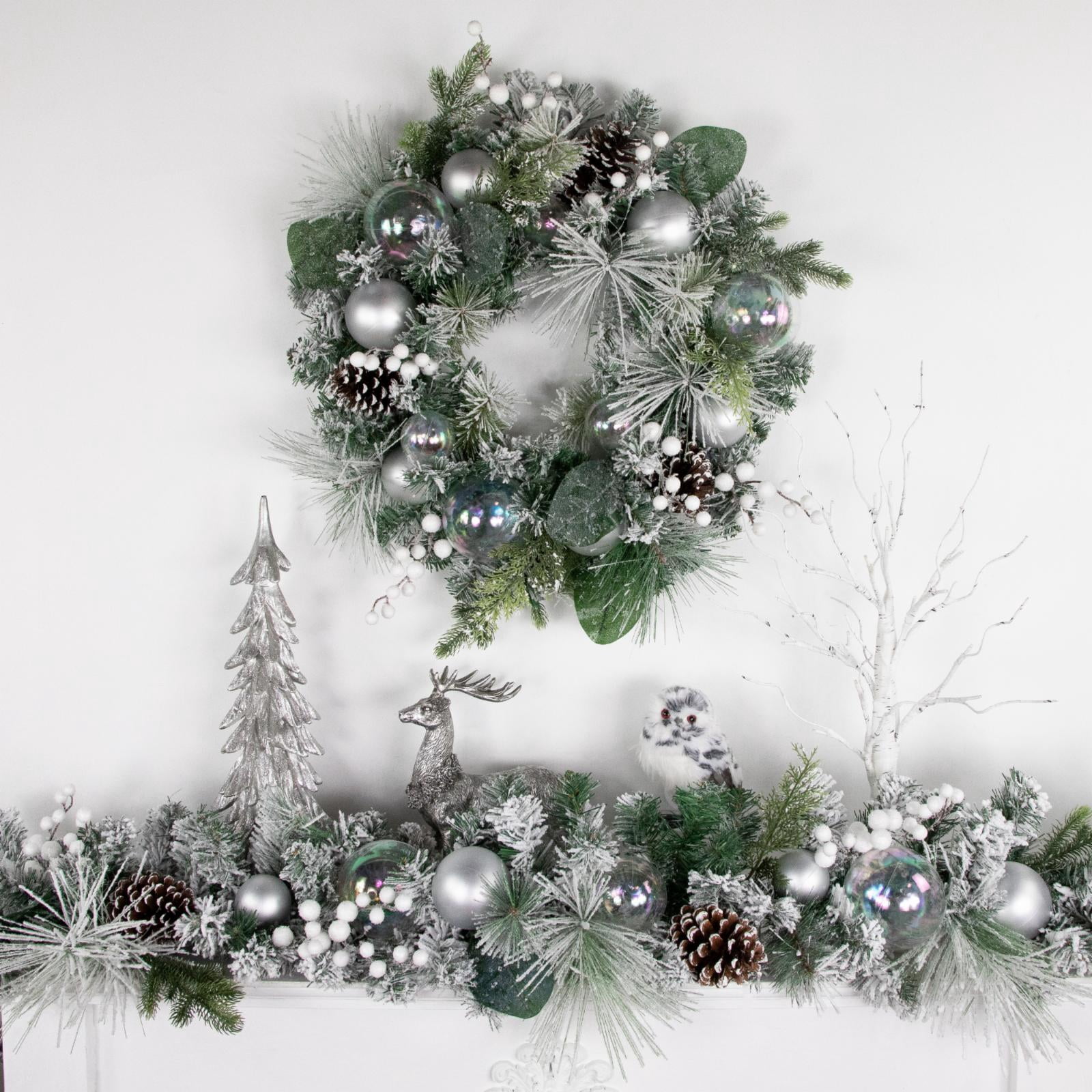 Northlight Flocked Pine Artificial Christmas Wreath with Iridescent Ornaments 24-Inch Unlit