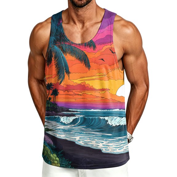 Men's Hawaiian Beach Tank Tops Summer Coconut Tree Graphic Sleeveless Shirts Vacation Summer Muscle Gym Tanks