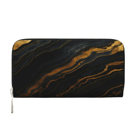 Leather Zipper Pocket Hand Wallet For Women And Men Travel Leather Purse Large Capacity Credit Card Holder Marble Black Gold Gradient