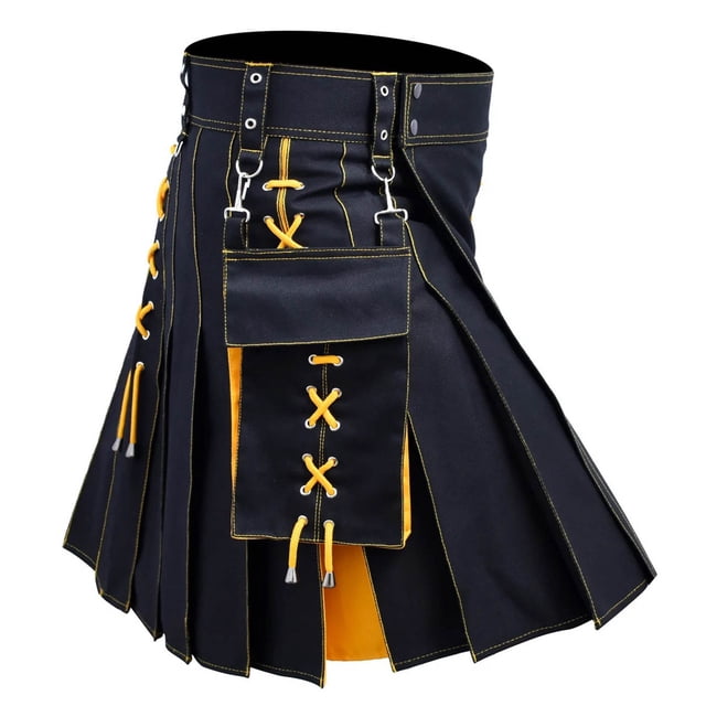 Eryao Kilt Utilitaire de Travail pour Homme, Jupe Plissée Robuste avec Rangement Cargo, Costume Rétro de Festival et de Fête, Jaune, TG