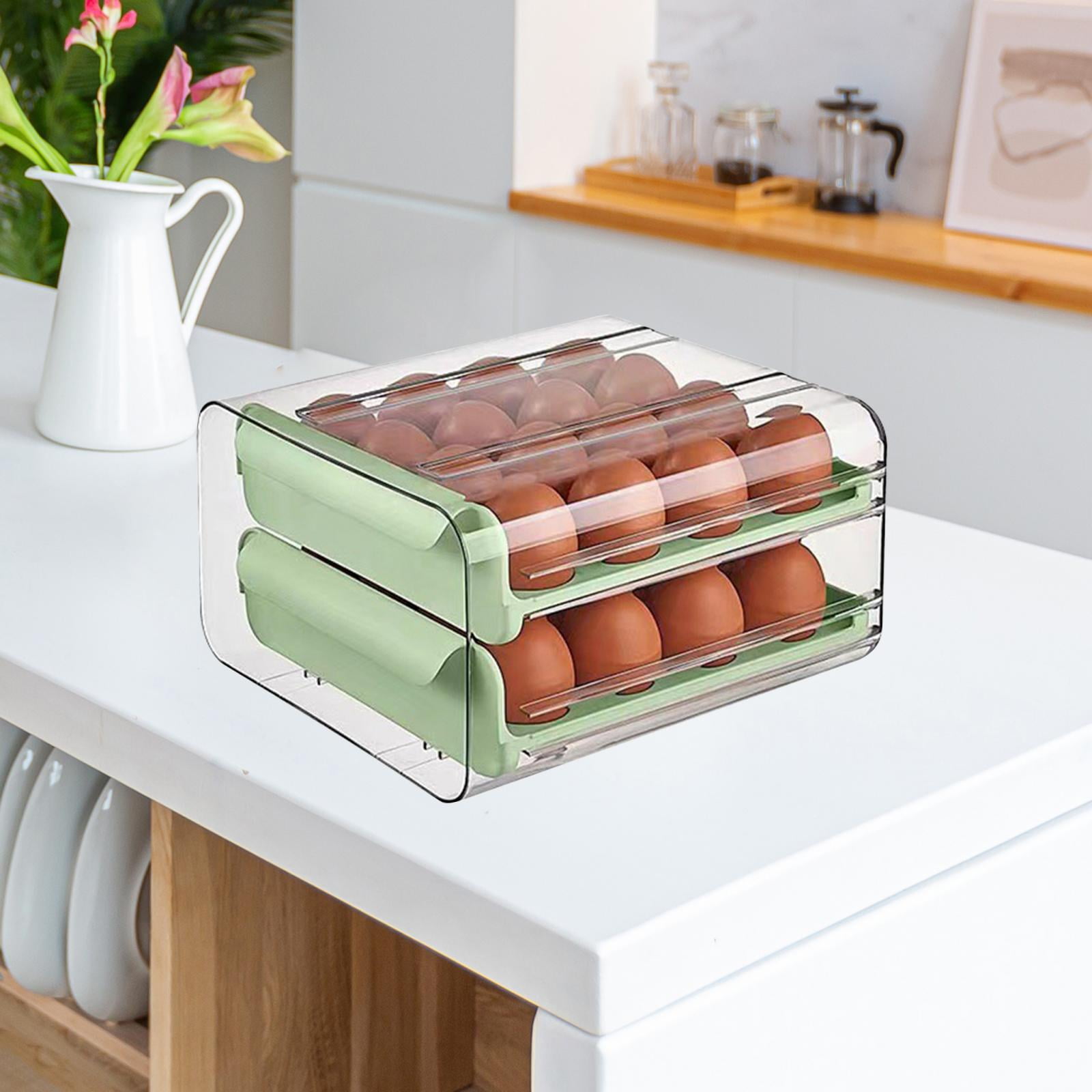 Fiocias 2 Layer Egg Holder Drawer Egg Fresh Storage Box Holds 32 Eggs Space Saving Clear