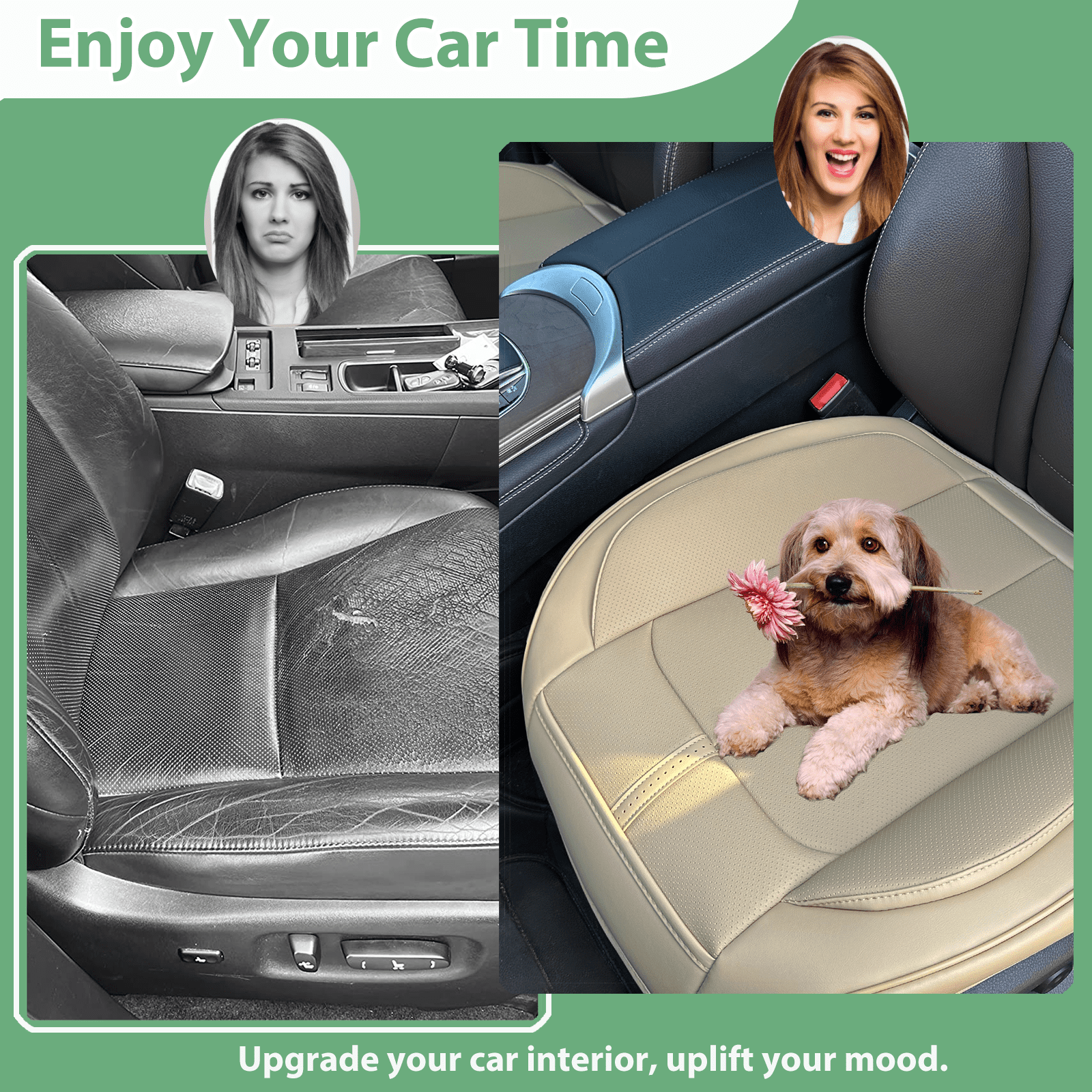 2 Pack Leather Front Car Seat Cover Bottom Only, Anti-Slip Padded Seat Cushion, Full Wrap Seat Protector with Storage Function Universal Fit for Most Cars, SUV, Pick-up Trucks (Beige)