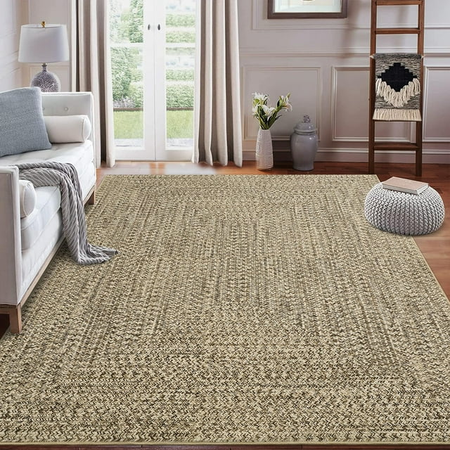8x10 Rug Washable Modern Area Rug for Living Room Braided Printed (Non-Woven) Rugs Vintage Low Pile Large Rug Non Shedding Bedroom Indoor Carpet for Dining Under Table, Linen Brown