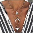 thumbnail image 1 of Collar de plata multicapa con colgante de cuerno de toro y luna personalizado con ojos malvados, joyería de cadena para mujeres y adolescentes., 1 of 5