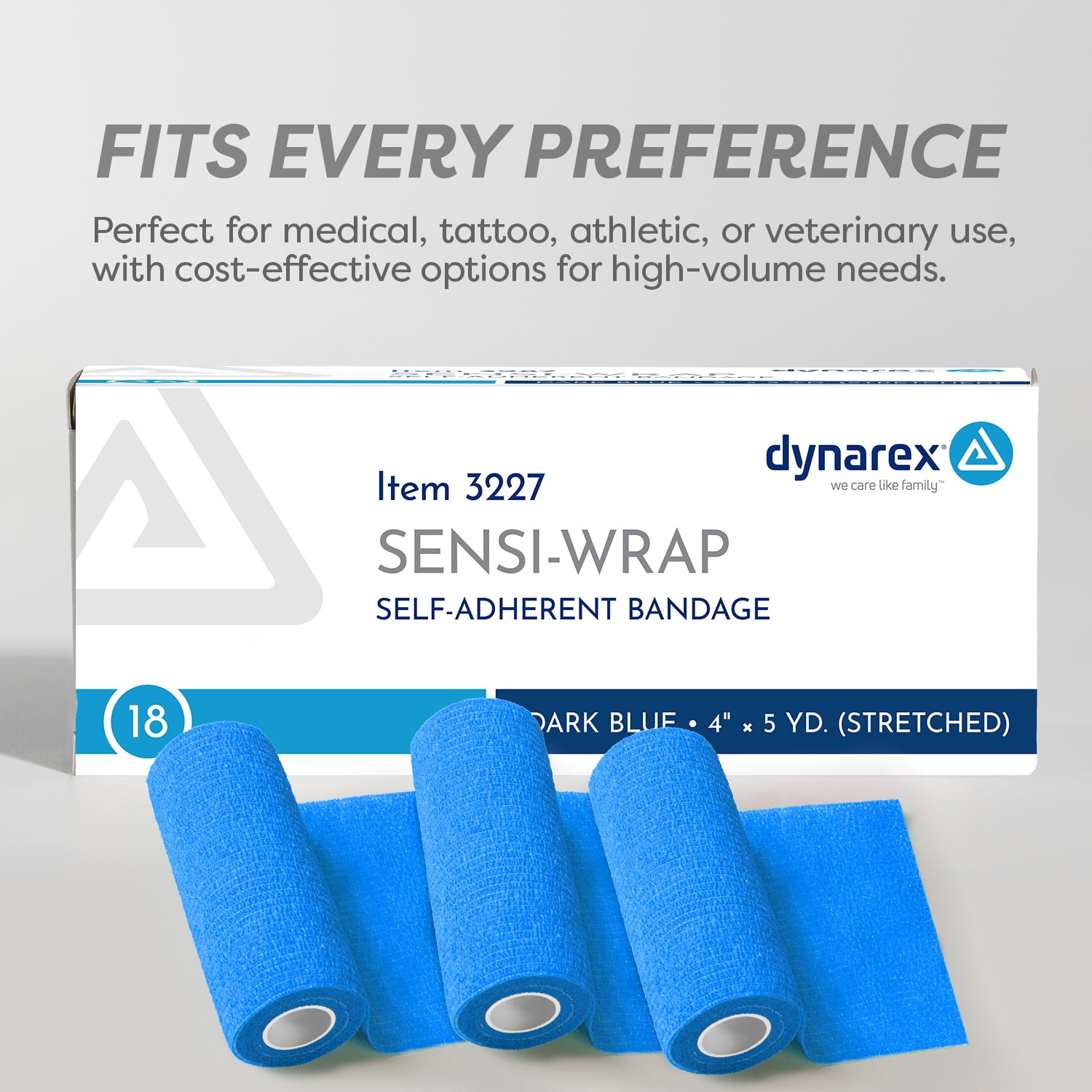 Dynarex Sensi-Wrap Self-Adhesive Bandages, 18-Pack, 4" x 5 yards, Dark Blue, Latex-Free, Colored Elastic Cohesive Athletic Tape, Tattoo Grip & Vet Wrap