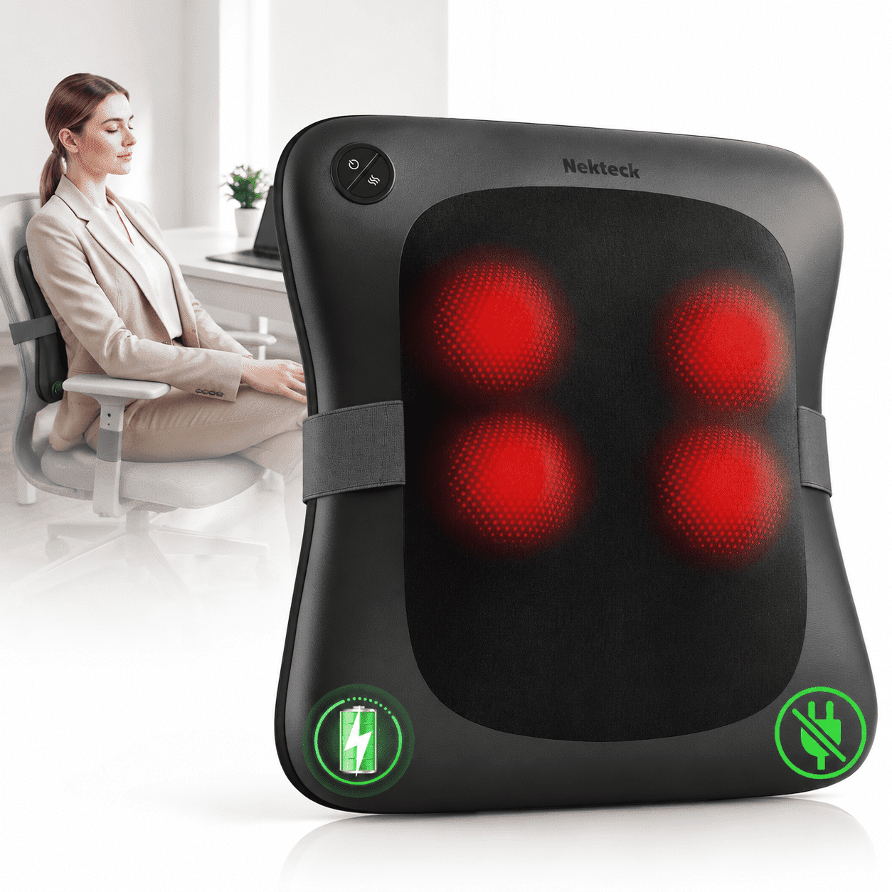 Nekteck Cordless Back Massager with Heat, Shiatsu Massage Pillow, 4D Deep Kneading, Office Chair Car Seat, Travel Gifts for Men Women