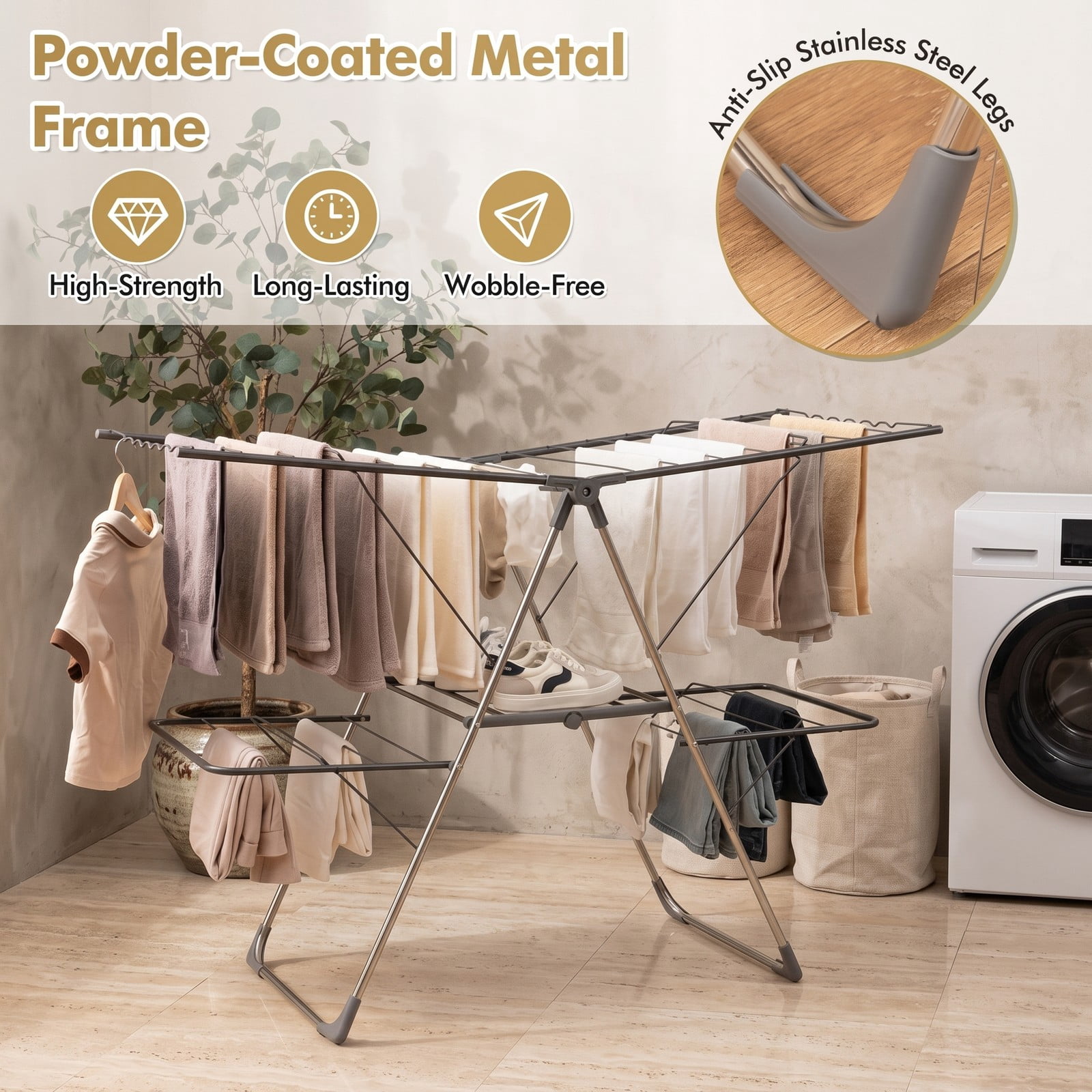 ALPULON 2-Tier Clothes Drying Rack with 33 Drying Rails, Height Adjustable Gullwing Laundry Drying Stand, Foldable Stainless Steel Garment Airer for, Silver & Gray