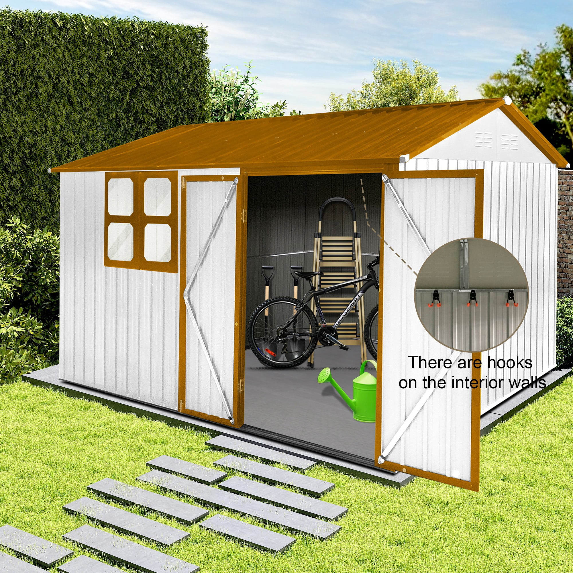 Aukfa 10FT x 8FT Outdoor Storage Shed, Metal Shed Storage with Window, Roof Slope Tool Shed with Door and Padlock for Backyards, Patio Lawns and Outdoor, Yellow