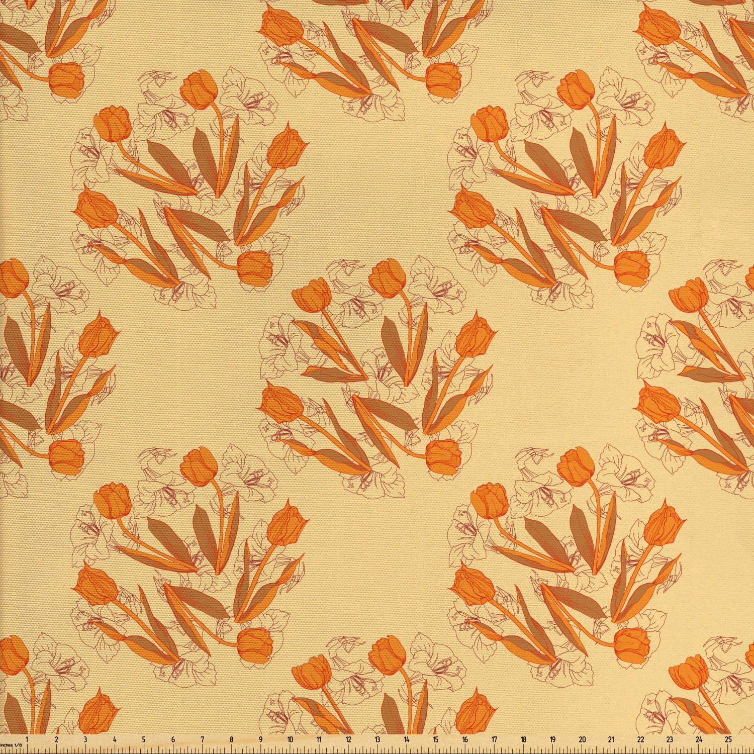 Orange Upholstery Fabric by the Yard, Nostalgic Floral Concept with