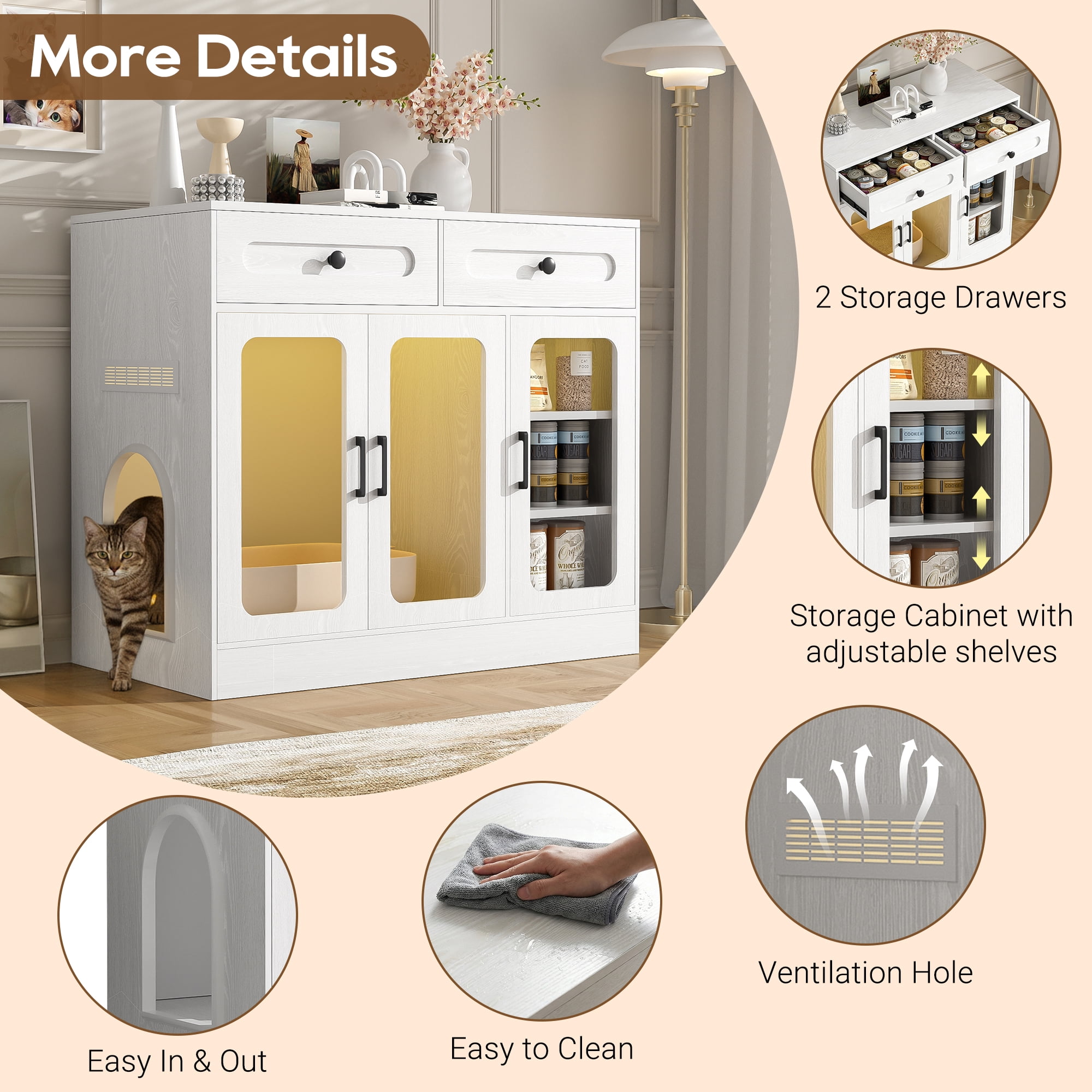 Aukfa Hidden Cat Litter Box Enclosure with LED Light, Cat Litter Box Cabinet with Storage Drawer & Acrylic Door, Modern Cat Furniture Side Table,White