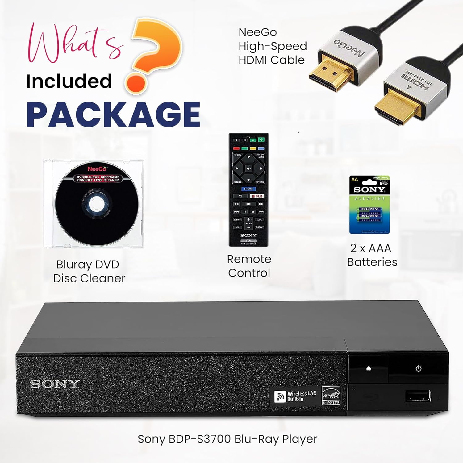 Sony Blu Ray DVD Player NeeGo Wi-Fi Ray HDMI Player Remote Cleaner Lens Smart Blu-Ray/DVD Cable/ Built-in BDP-S3700/BDP-BX370 and Blu Player with TV DVD with Combo for Ethernet with