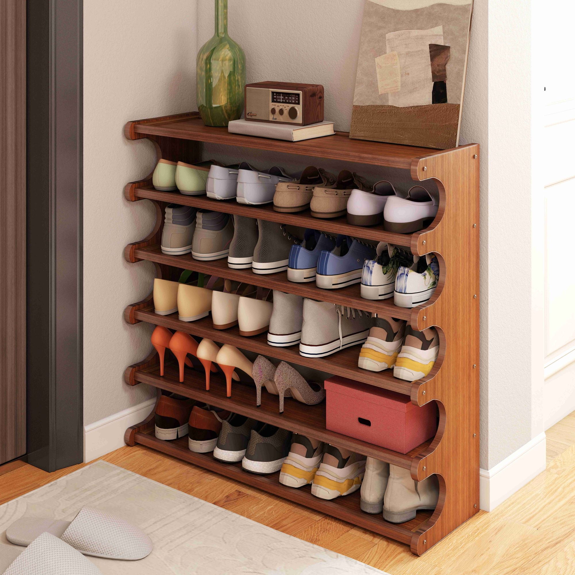 6 Layer Wood Grain Free Standing Shoe Rack Space Saving Storage Organizer