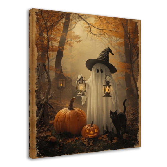 Ghost Pumpkin and Cat Canvas Prints Wall Art Decor Halloween Poster for Home Room Wall Decoration - 8x10 inches Framed Canvas