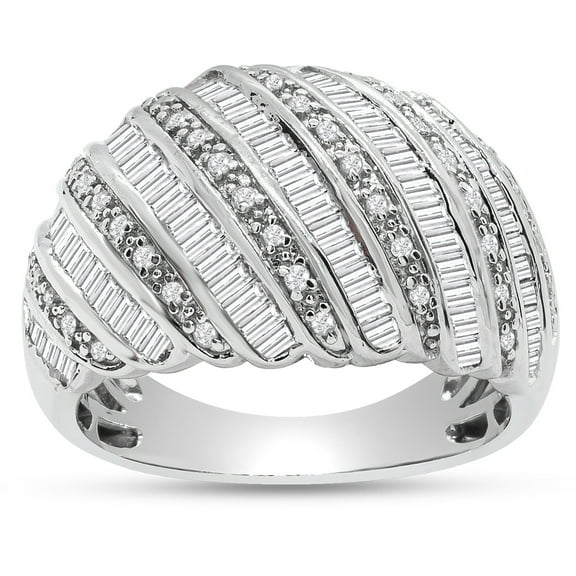 SuperJeweler 1 Carat Baguette and Round Colorless Diamond Dome Band Ring In Sterling Silver For Women