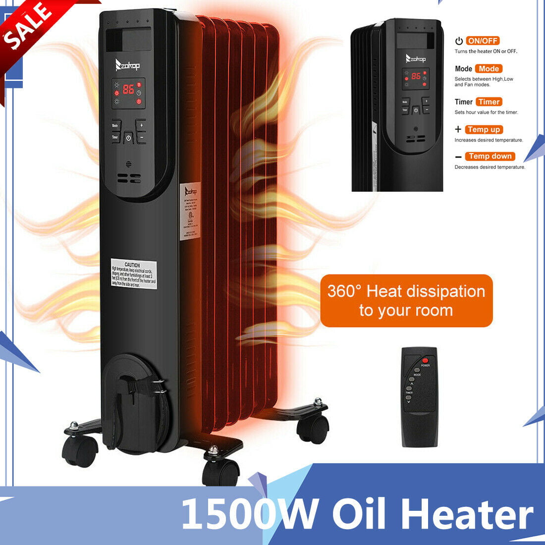 Oil Filled Radiator Heater Portable Space Heater Remote Control Indoor 1500W 