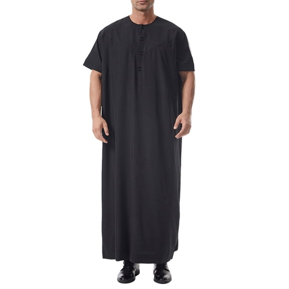 LMOIPLI Mens Muslim Thobe Short Sleeve Crewneck Long Gown Casual Lightweight Breathable Big and Tall Robe Ethnic Clothes Black S