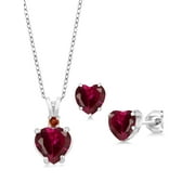 Gem Stone King 925 Sterling Silver Red Created Ruby and Red Garnet Pendant and Earrings Jewelry Set For Women (3.71 Cttw, Heart Shape 8MM and 6MM, with 18 inch Chain)