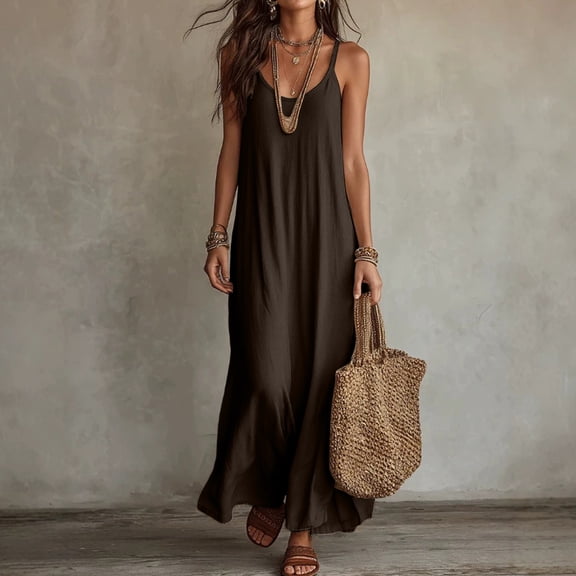 Maxi Dresses for Women Summer Sleeveless Spaghetti Strap Scoop Neck Casual Beach Long Cami Lounge Dress M