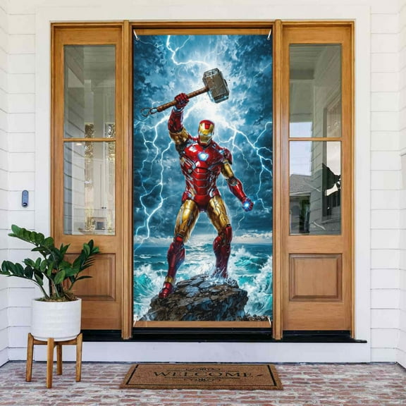 Door Cover Decoration,Iron Man Door Hanging Banner Background for Home Door Holiday Christmas Decoration(35.4"x72.8")
