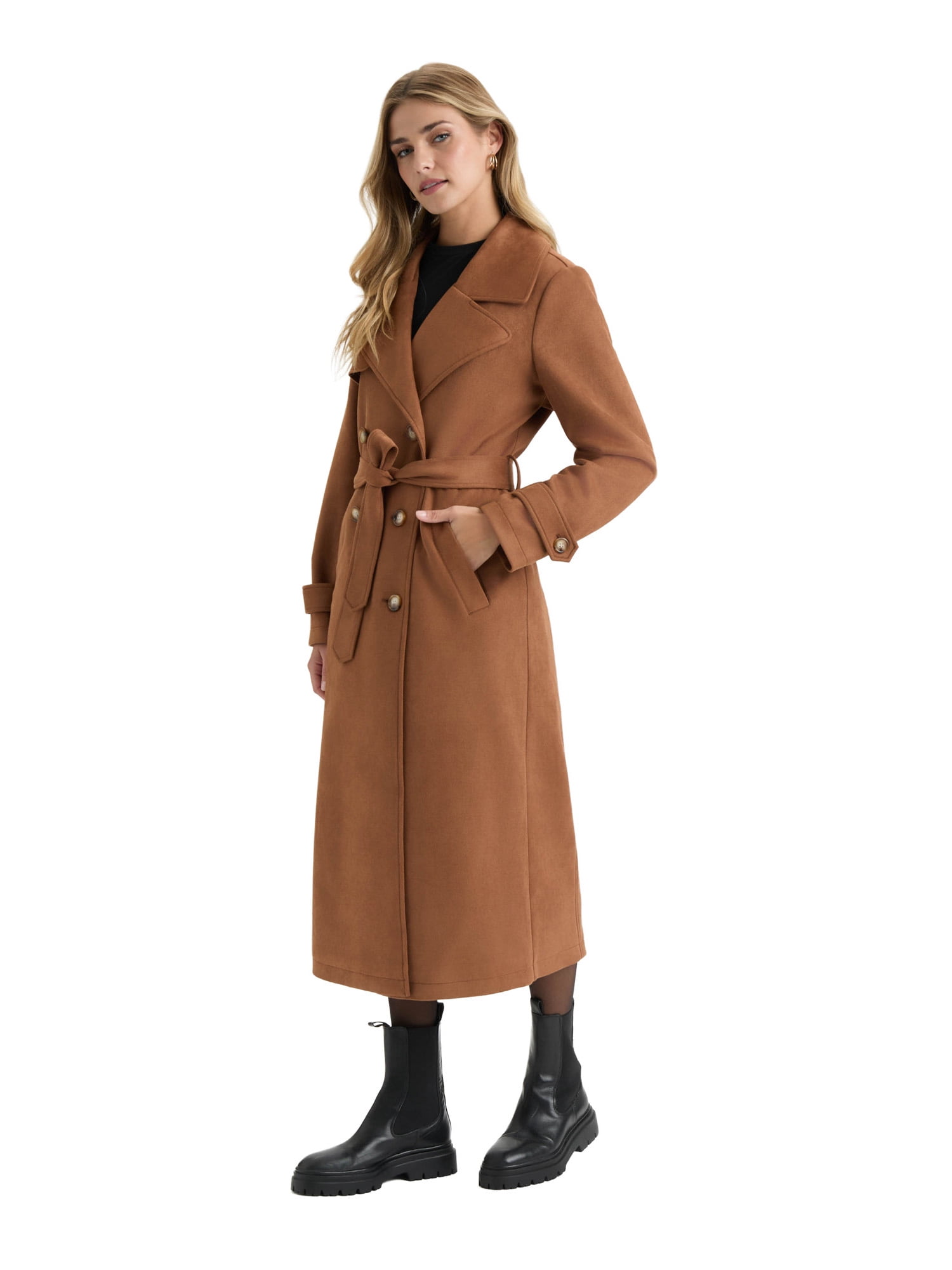 NOVELTI Womens Faux Suede Longline Belted Trench Coat with Side Pockets