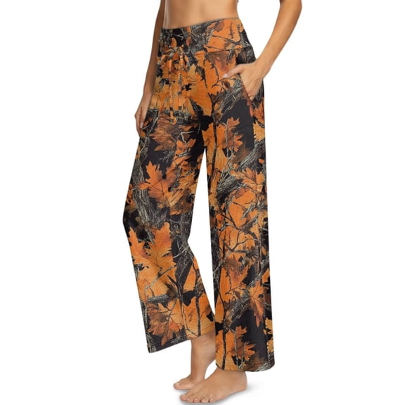 Psesaysky Orange Hunting Camo Print Wide Leg Women's Lounge Pants Lightweight High Waisted Flowy Yoga Elastic Casual Outfits Trousers with Pockets, Size S
