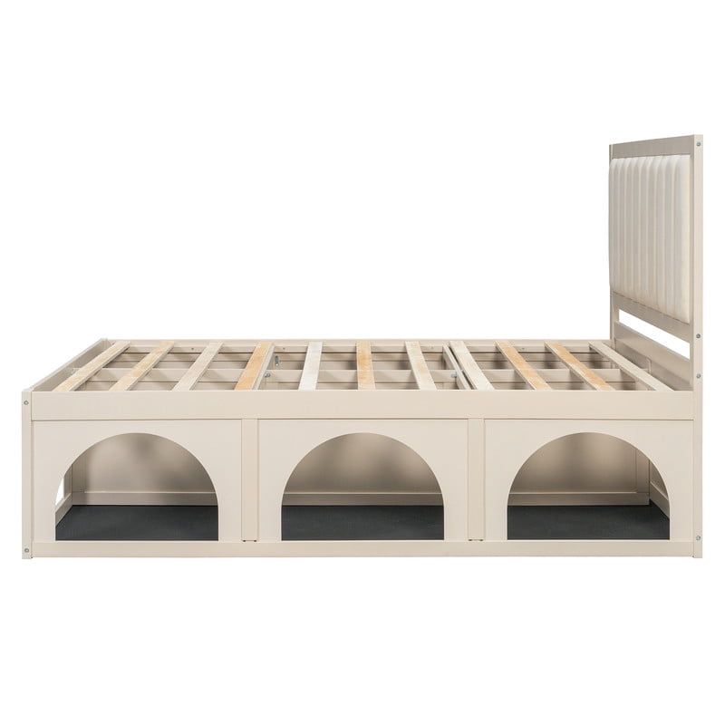 Queen Size Pet-Friendly Platform Bed with Under-Bed Pet Nooks, Heavy Duty Wooden Storage Bed Frame with Padded Headboard