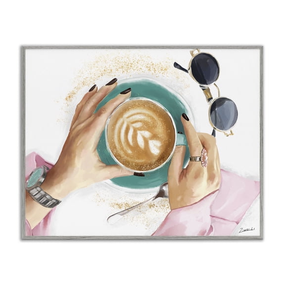 Stupell Industries Contemporary Fashionista Coffee Cup Cappuccino Glam Detail Gray Framed Giclee Art, 14 x 11, by Ziwei Li