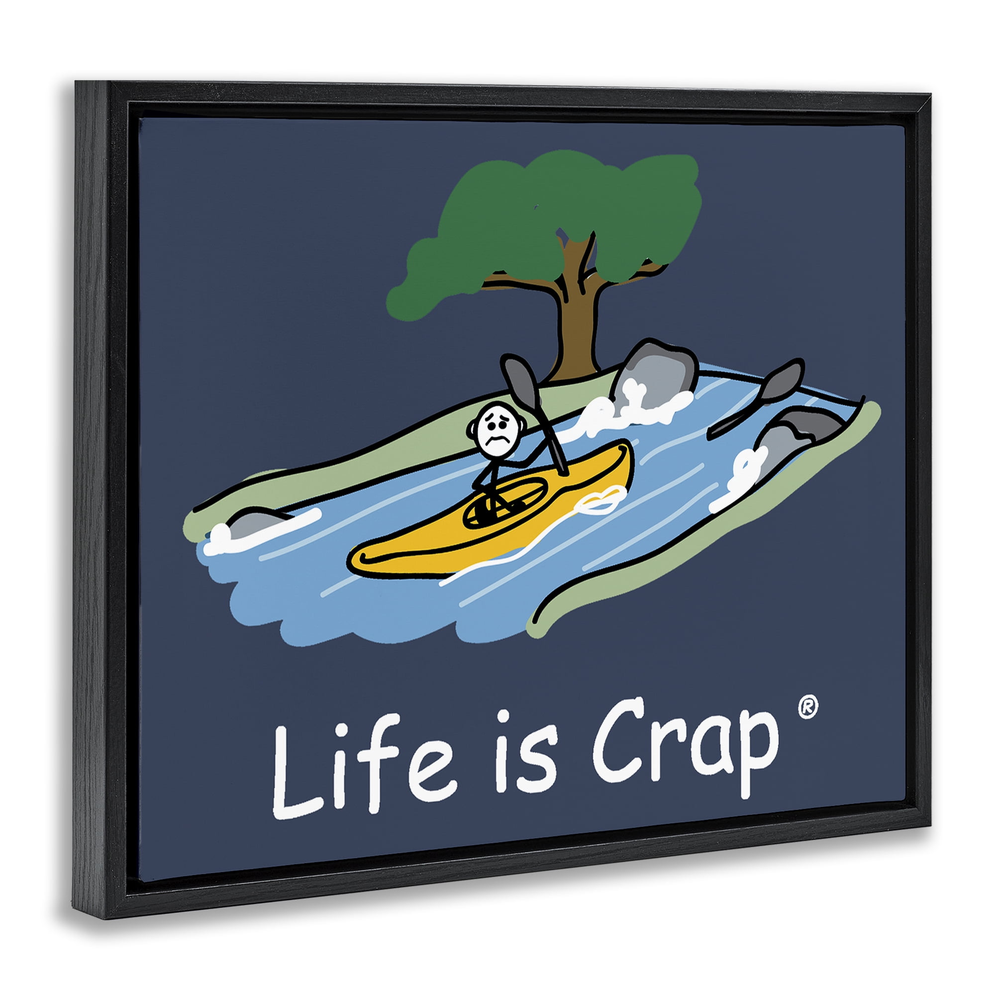 Stupell Industries Life Is Crap Kayaker Novelty & Humor Painting Black Floater Framed Canvas Art Print Wall Art, 21 x 17