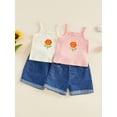 thumbnail image 3 of BemeyourBBs Toddler Baby Girls Summer Clothes Infant Baby Girl Denim Outfit Cute Bee Cake Ice Cream Floral Embroidery Ribbed Tank Vest Tops with Pockets Rolled Jeans Denim Shorts 2Pcs Set, 3 of 9