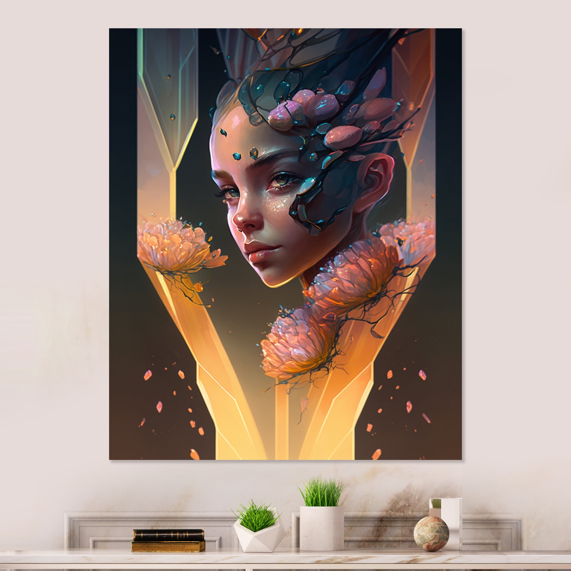 Designart Woman Portrait With Flowers II Canvas Wall Art