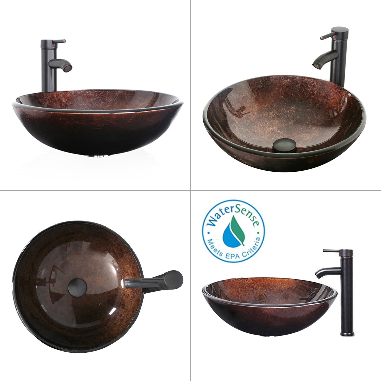 Eclife 24" Black Bathroom Vanity Set with Wood Top, Brown Glass Sink, Water Saving Faucet, Pop up Drain Combo