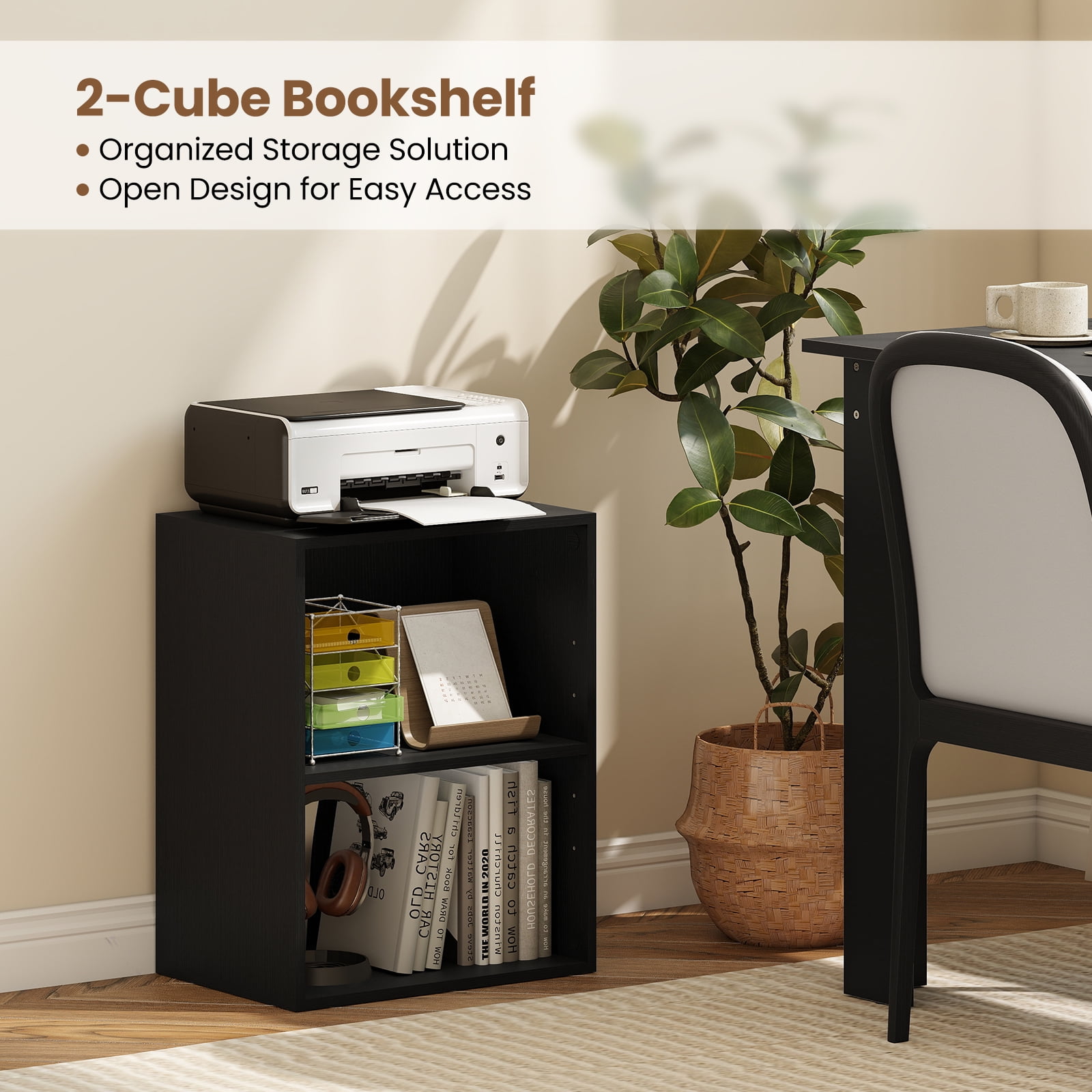 Gymax 2-Cube Bookcase w/ 5-Position Adjustable Shelf Anti-Toppling Kits for Study Black