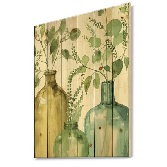 Designart 'Botanical Mixed Green Leaves IX' Cottage Print on Natural Pine Wood