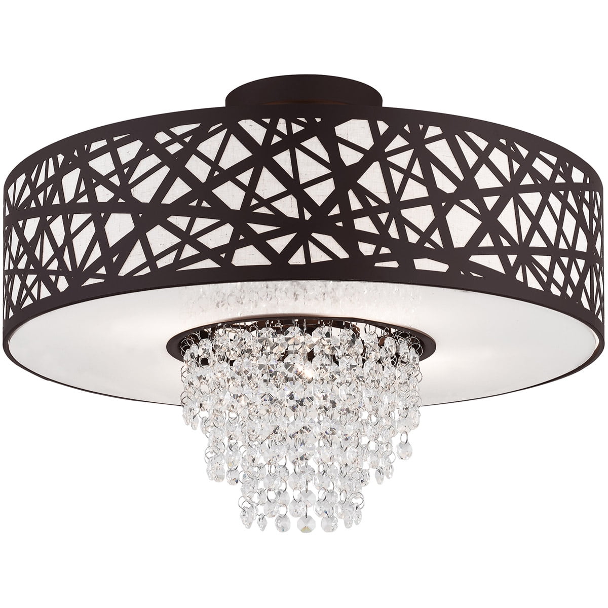 4 Light Bronze Ceiling Light fixture with Oatmeal Color Fabric Hardback Inside & Clear Crystals Shade