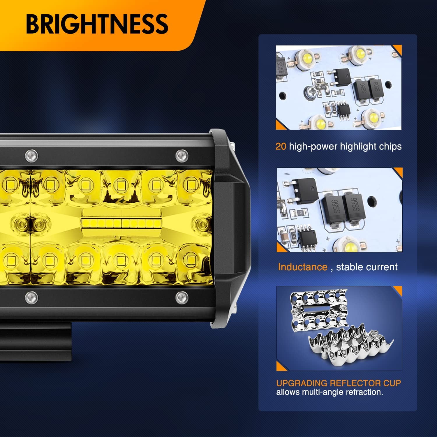 Waywe 2PCS 6.5 Inch Amber LED Pods 120W Triple Row Flood Light Bar Fog Light Driving Lighting with 16AWG Off Road Wiring Harness-2 Leads for Truck Golf Cart SUV ATV UTV Boat, Clear,Yellow (Auto-652)