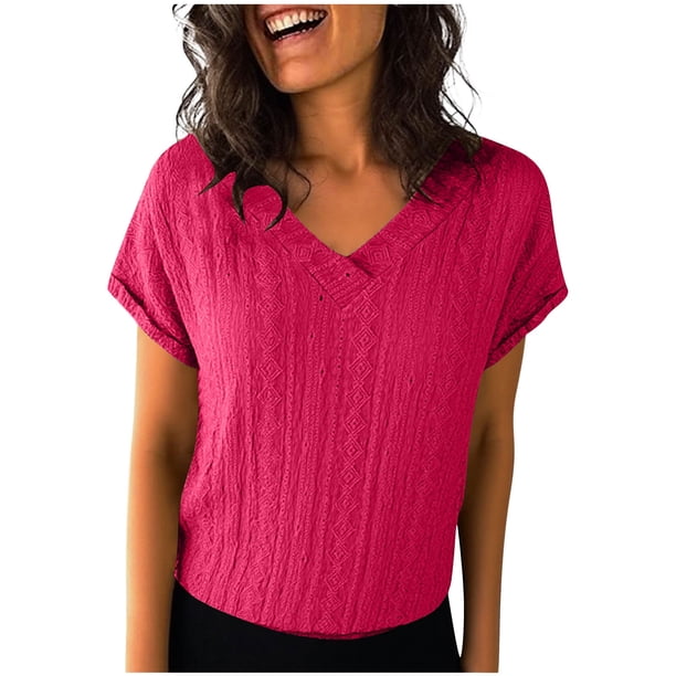 Mujeres Manga Larga Tops Moda Color Sólido Blusa de Lino con Botones Decorativos Y Rayas Cuello Redondo, Casual 3/4 Manga Tee para la Primavera Trajes Diarios