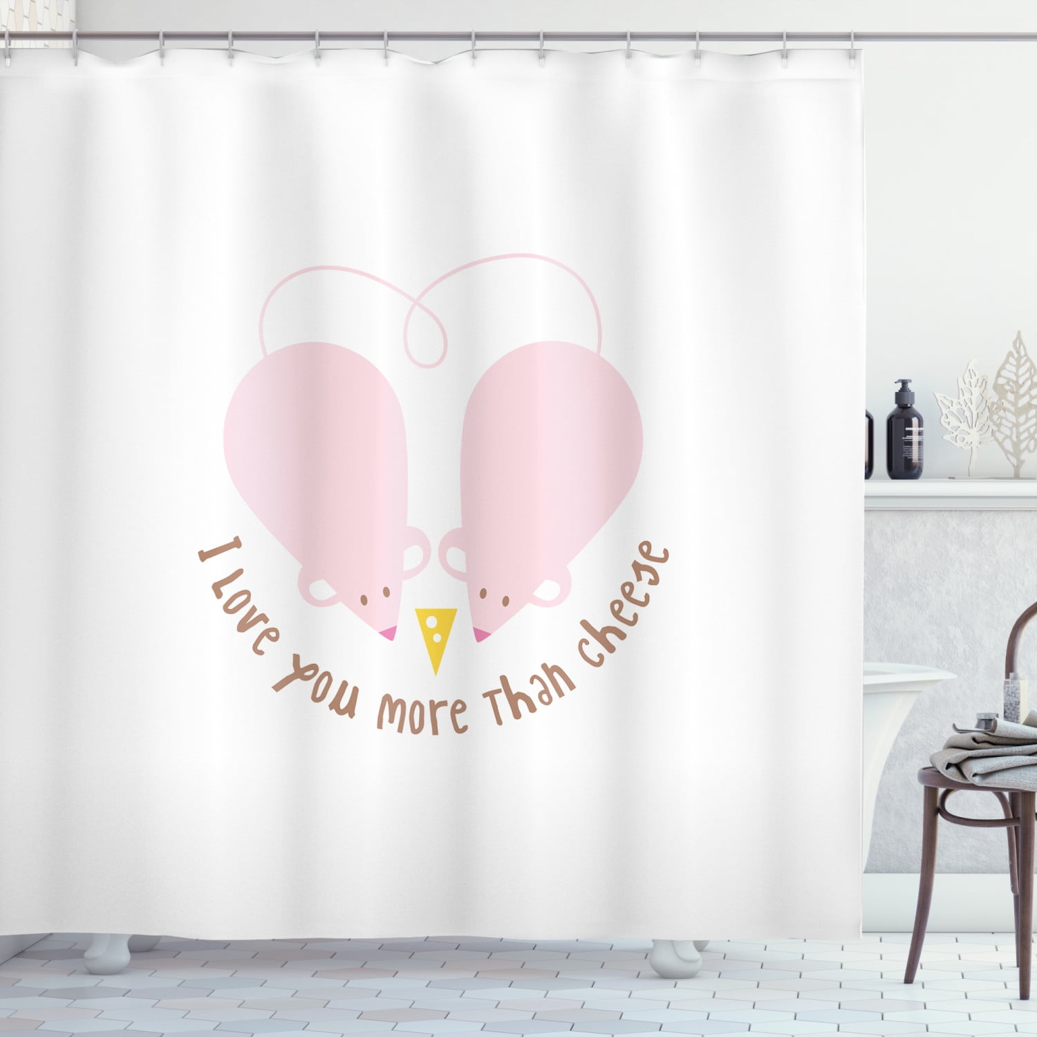 Ambesonne Love You More Shower Curtain, Pink Rats Cheese, 69"Wx84"L, Pale Pink Cocoa Yellow