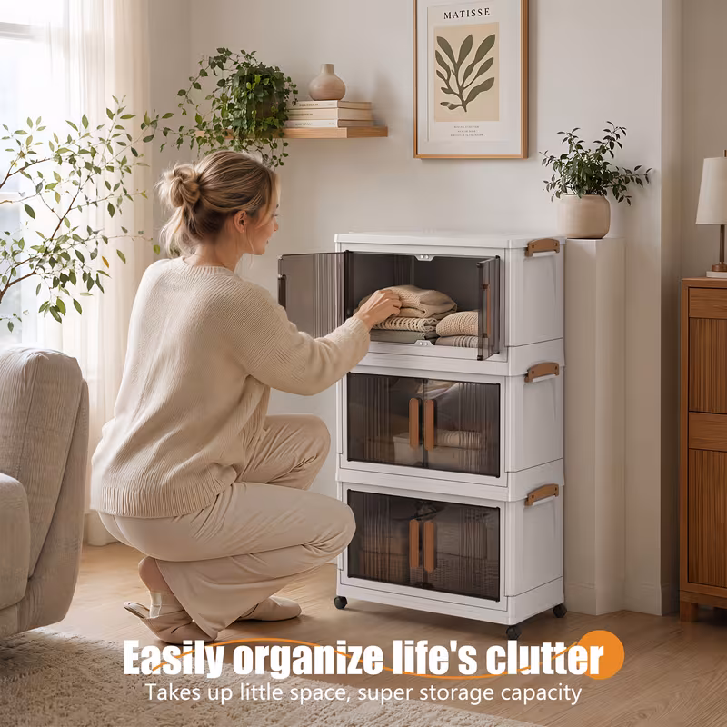 3 Tier Stackable Storage Box with Lid and Wheels, Foldable Collapsible Organizer, Clothing Storage Cabinet for Home Office, Living Room
