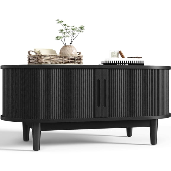 MY Round Coffee Table, 31.5" Drum Coffee Table with Sliding Tambour Door, Fluted Accent Center Table with Storage, Mid Century Modern Coffee Table for Living Room (Oval Black)