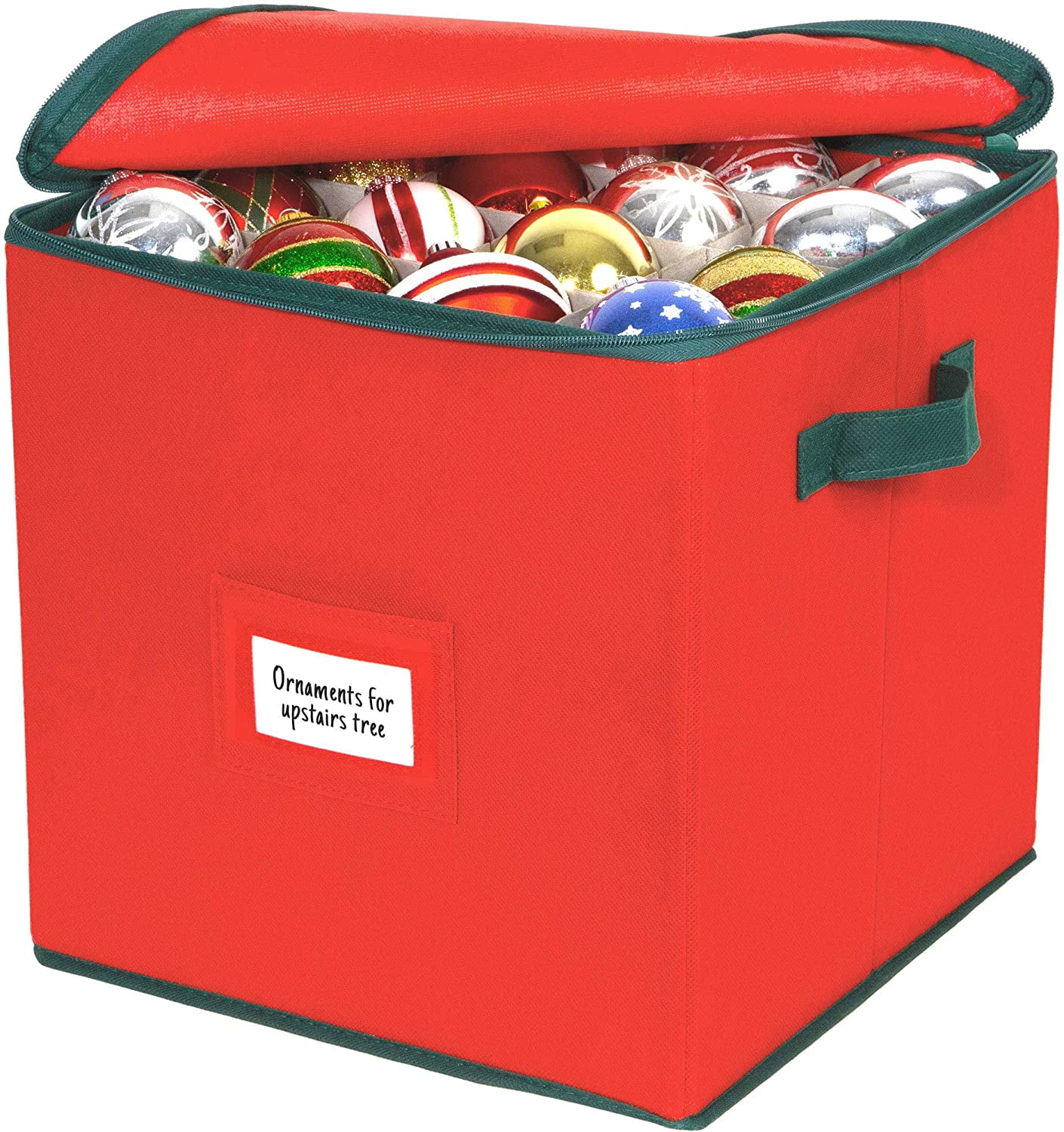 Glomery Christmas Ornament Box, Adjustable Dividers Stores Up to 64 Ornaments - Red Stars